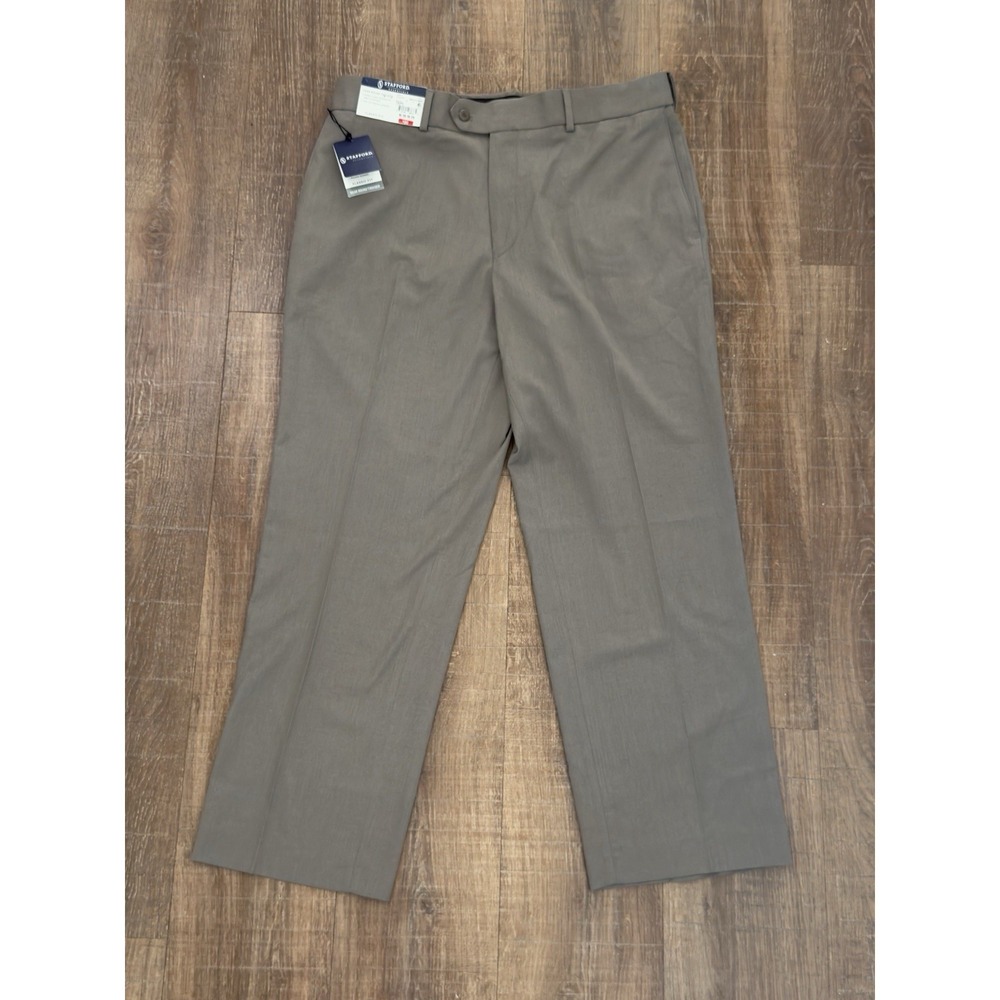 NWT Stafford Essential Men Taupe Classic Fit Flat Front Trouser Dress Pant 36X29